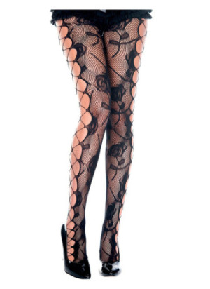 Collant fantaise noir résille et ajouré façon filet et fleurs - MH50021BLK